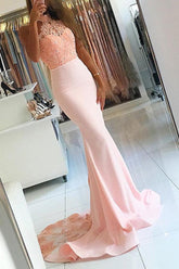 Cute Pink Lace Backless Mermaid Halter Beaded Long Prom Dresses